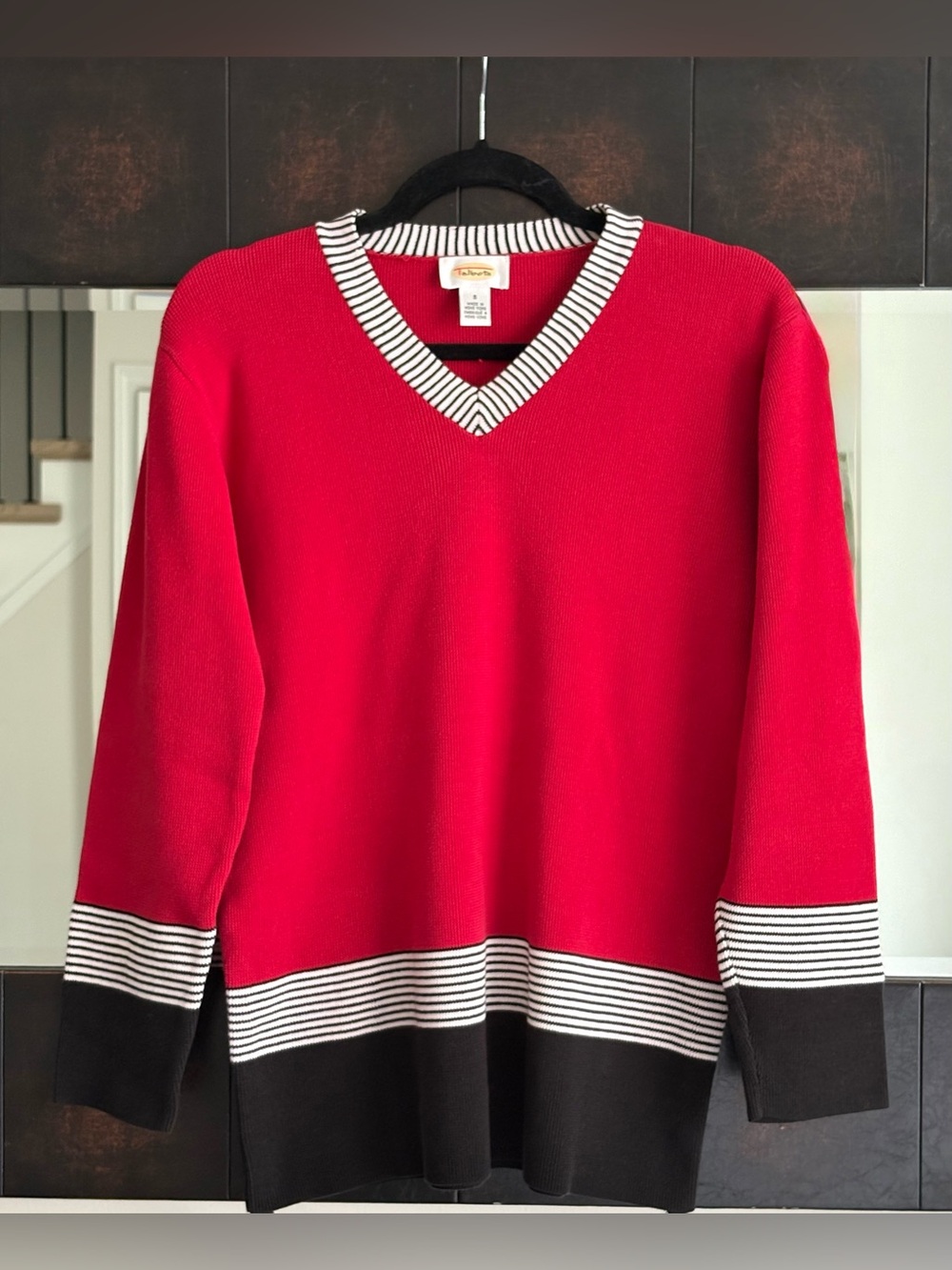 Talbots Red V-Neck Sweater with Black & White Striped Trim